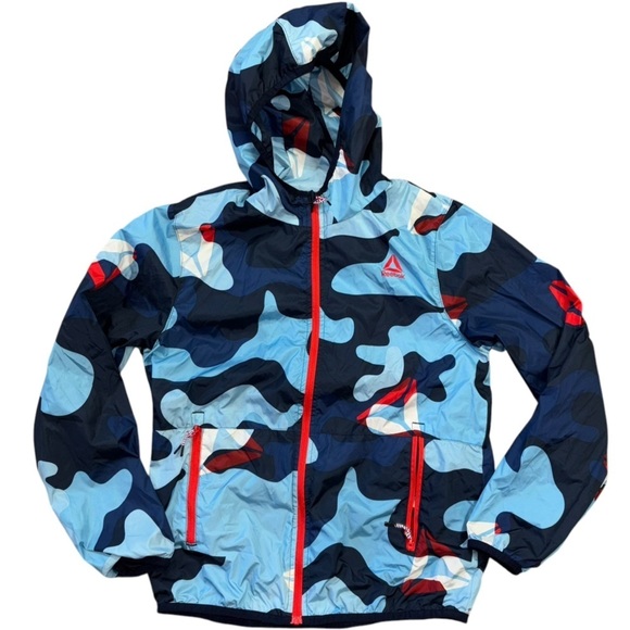 Reebok Blue Camo Boys Blocker Size 10/12 L Red Zip Lightweight Jacket Athletic - Picture 2 of 14